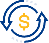 First Party Icon of dollars with revolving circular arrows